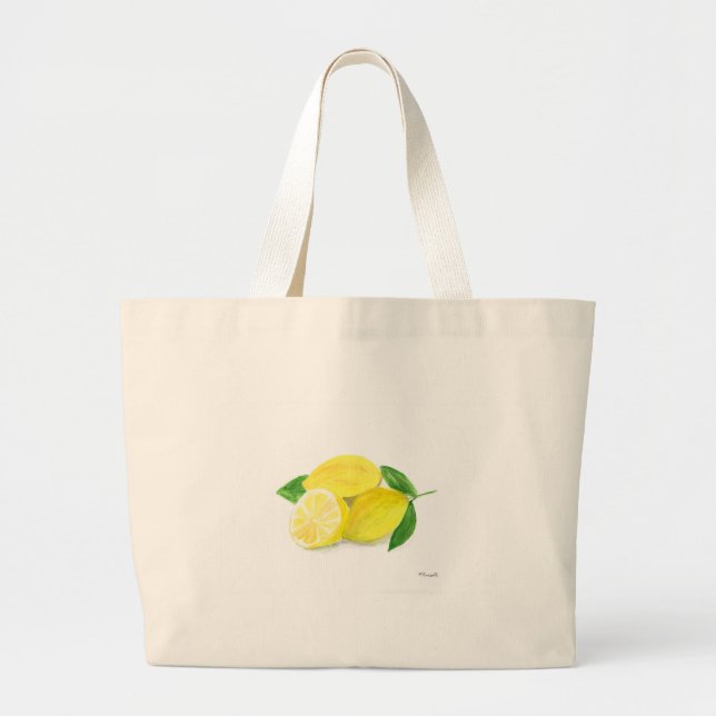 Yellow Lemon Citrus fruit watercolor Summer Large Tote Bag (Front)