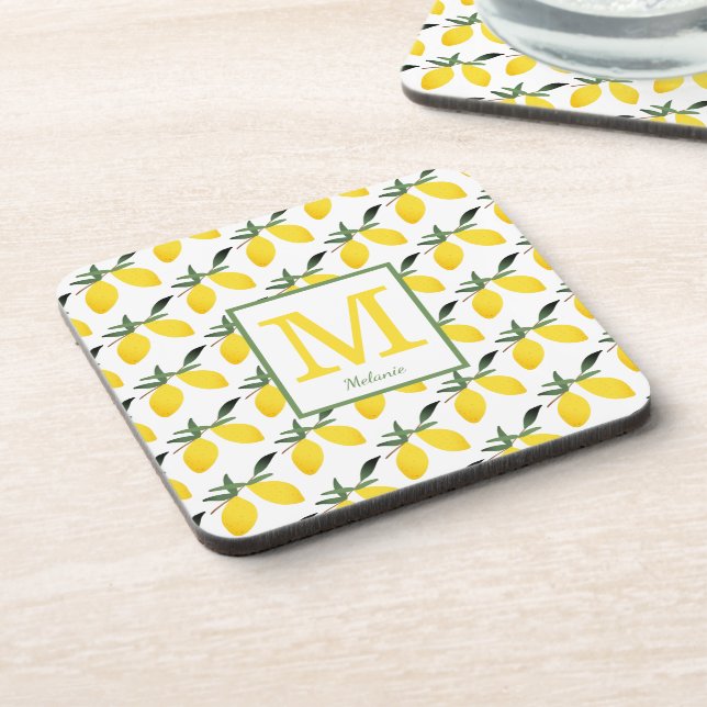 Yellow Lemon Citrus Monogram Hard plastic coaster (Left Side)