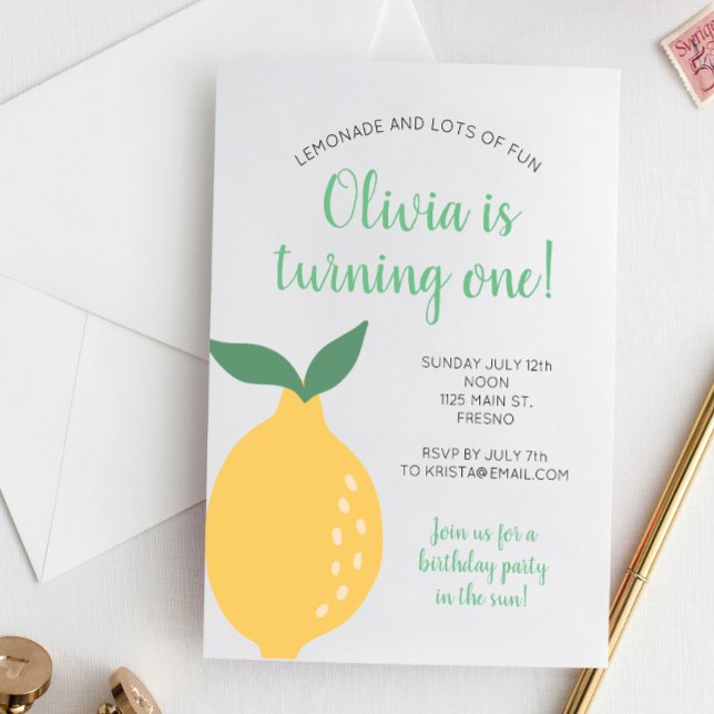 Yellow Lemon First Birthday Turning One Birthday Invitation (Creator Uploaded)