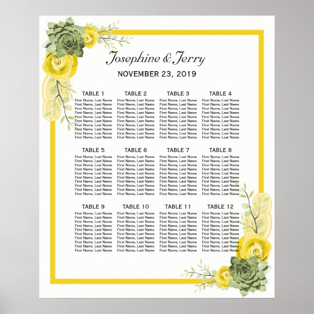 Yellow Lemon Floral Country Wedding Seating Chart (Front)