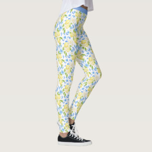 Yellow Lemon Fruit Blue Floral Leaf Pattern Design Leggings