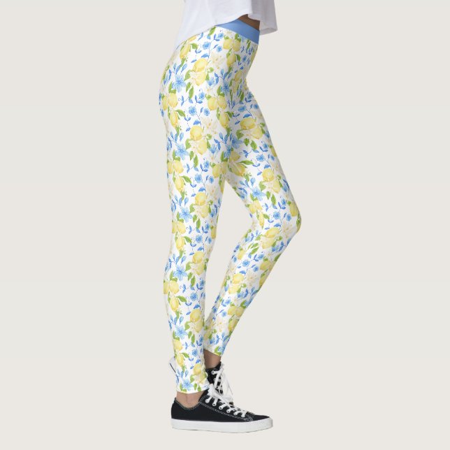 Yellow Lemon Fruit Blue Floral Leaf Pattern Design Leggings (Right)