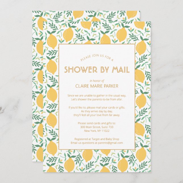 Yellow Lemon Fruit Foliage Baby Shower by Mail Invitation (Front/Back)
