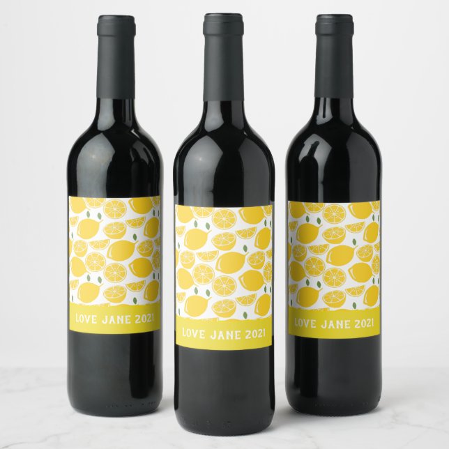 Yellow lemon fruit pattern wine label (Bottles)