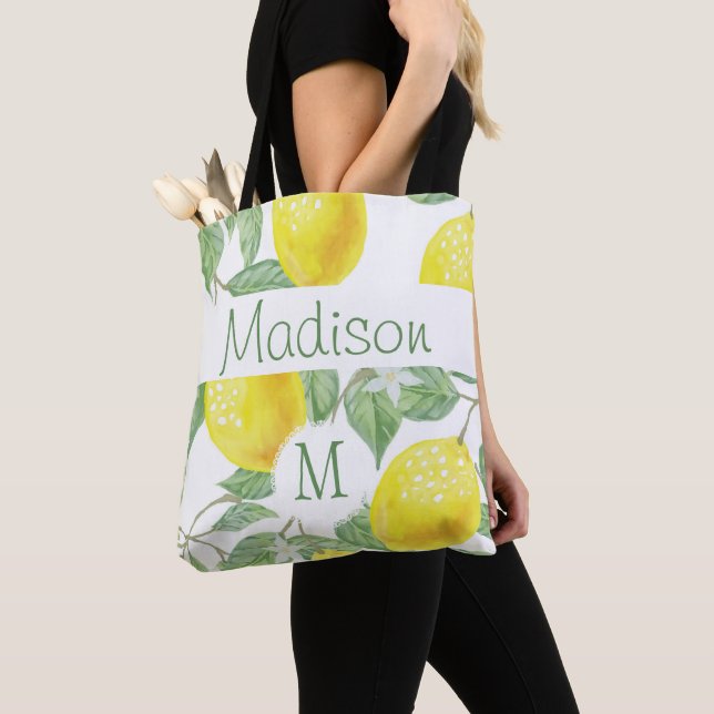 Yellow Lemon Fruit Summer Fun Initial Monogram Tote Bag (Close Up)