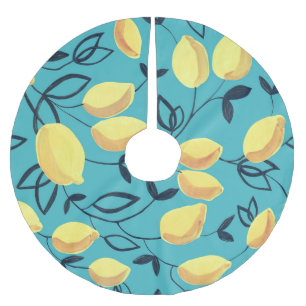 Yellow lemon gouache pattern on turquoise. brushed polyester tree skirt