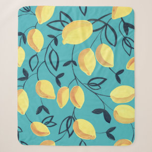 Yellow lemon gouache pattern on turquoise. sherpa blanket