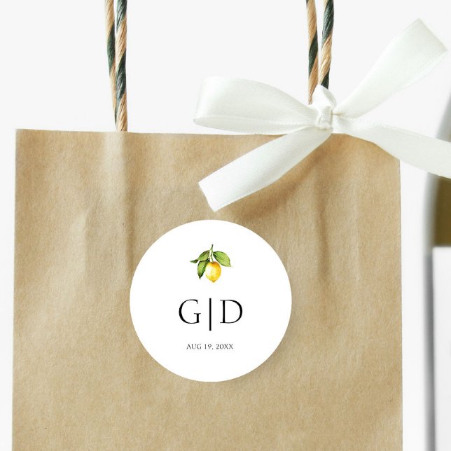 Yellow Lemon Monograms Wedding Round Sticker (Creator Uploaded)