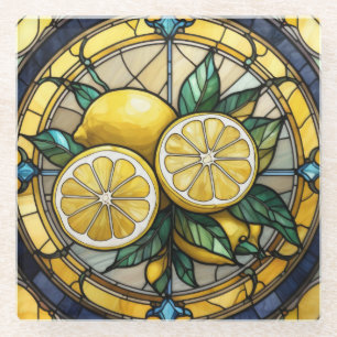 Yellow Lemon on Circle Stained Glass Art Glass Coaster