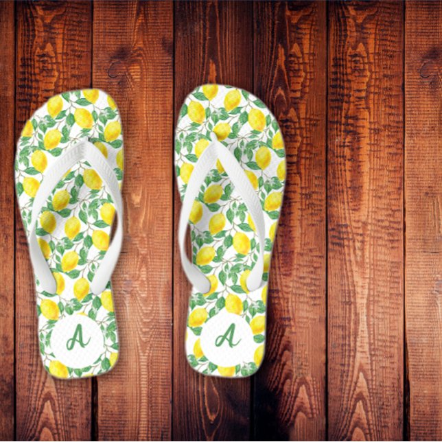 Yellow lemon pattern name green white thongs (Creator Uploaded)