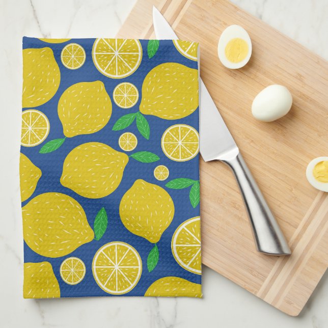 Yellow Lemon  Pattern on Blue  Tea Towel (Quarter Fold)