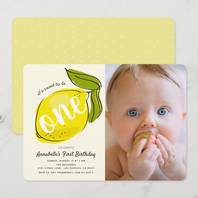 Yellow Lemon Photo 1st Birthday Invitation (Front/Back)