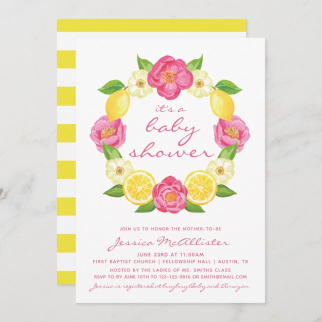 Yellow Lemon Pink Roses Stripes Girl Baby Shower Invitation (Front/Back)