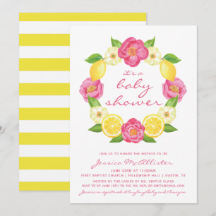 Yellow Lemon Pink Roses Stripes Girl Baby Shower Invitation