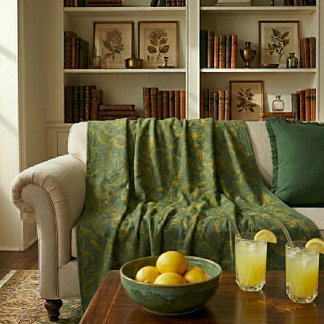 Yellow Lemon Sketch on Dark Green Fleece Blanket