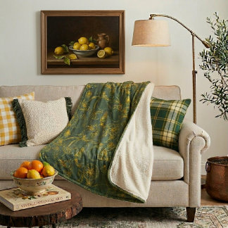 Yellow Lemon Sketch on Dark Green Sherpa Blanket