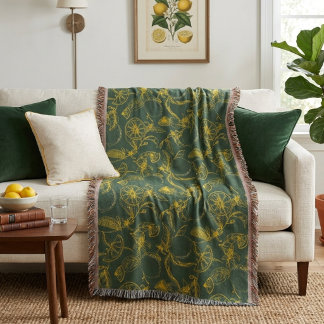 Yellow Lemon Sketch on Dark Green Throw Blanket
