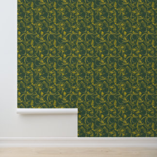 Yellow Lemon Sketch on Dark Green  Wallpaper