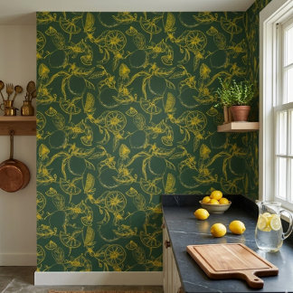 Yellow Lemon Sketch on Dark Green Wallpaper
