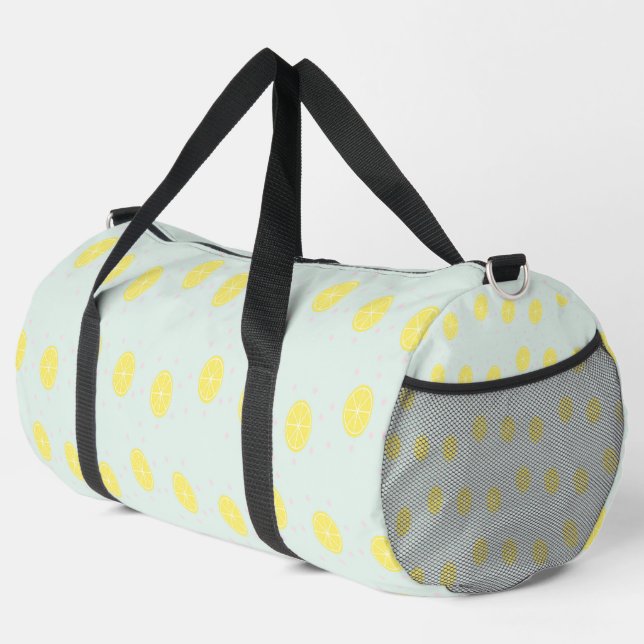 Yellow lemon slices on  blue duffle bag (Right Corner)