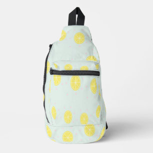 Yellow lemon slices on blue sling bag