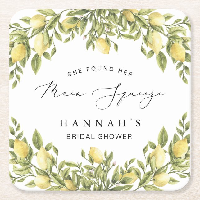 Yellow Lemon Sorrento Mediterranean Bridal Shower Square Paper Coaster (Front)