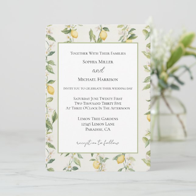 Yellow Lemon Vines Wedding Invitation (Standing Front)