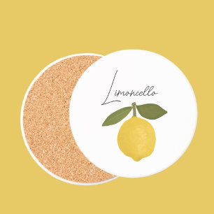 Yellow Lemon with Green Leaves   Fresh Citrus  Coaster