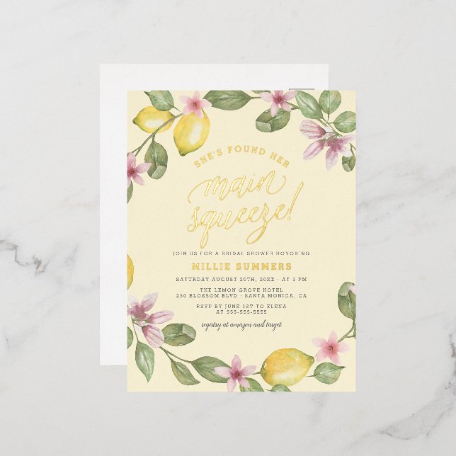 Yellow | Lemon Wreath Main Squeeze Bridal Shower Foil Invitation Postcard (Front/Back)