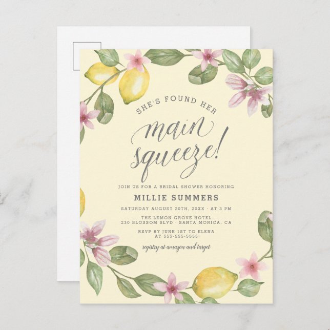 Yellow | Lemon Wreath Main Squeeze Bridal Shower Invitation Postcard (Front/Back)