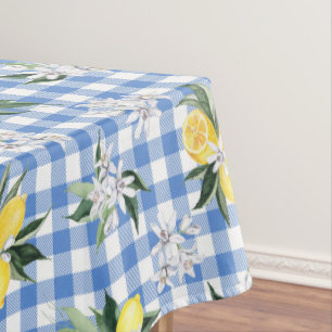 Yellow Lemons and Blue Gingham Check Tablecloth