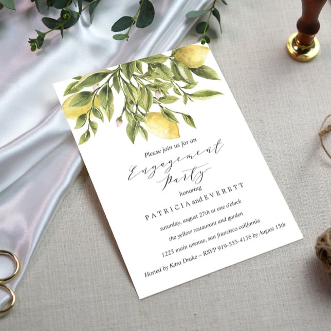 Yellow Lemons and Foliage Wedding Engagement Party Invitation (Creator Uploaded)
