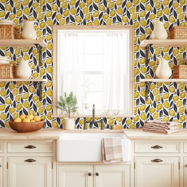 Yellow Lemons and Grey Leaves on White Wallpaper (Creator Uploaded)