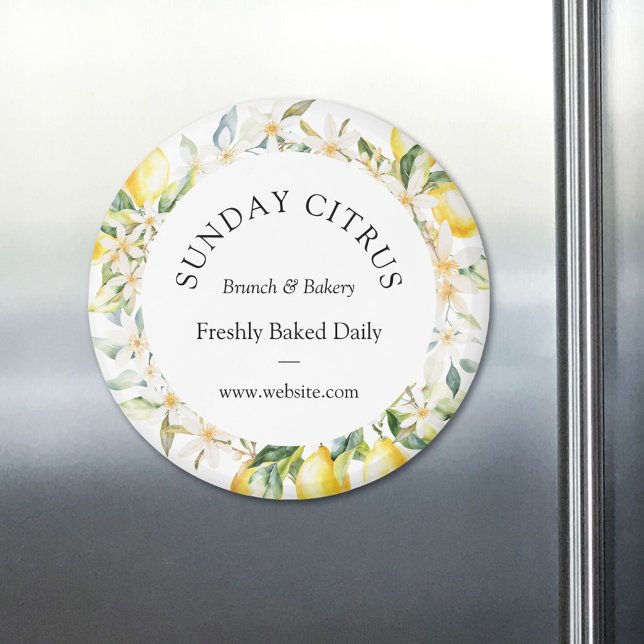 Yellow Lemons and White Flowers Floral Wreath Magnet (In situ)