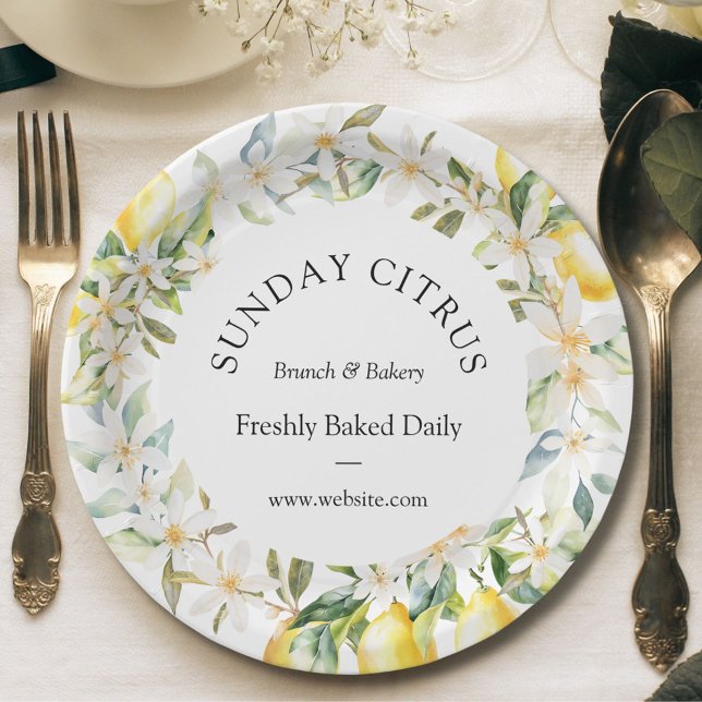 Yellow Lemons and White Flowers Floral Wreath Paper Plate (In situ)