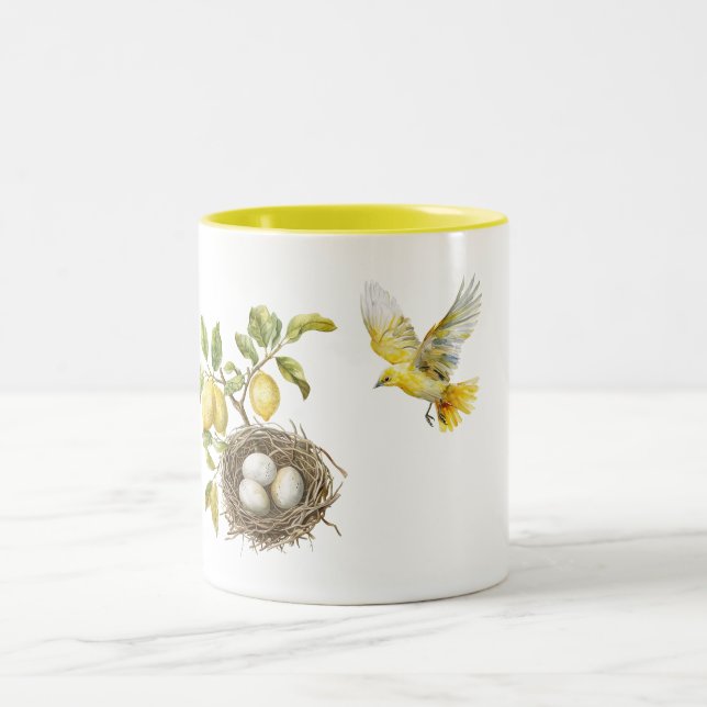 Yellow Lemons Bird Nest Two-Tone Coffee Mug (Center)