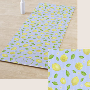 Yellow Lemons Blue Custom Monogram Yoga Mat