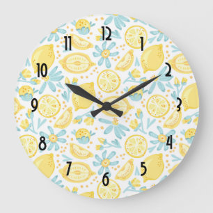 Yellow Lemons & Blue Flowers Illustrated Pattern Large Clock