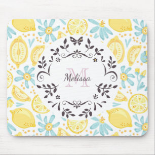Yellow Lemons & Blue Flowers Monogram & Name Mouse Pad