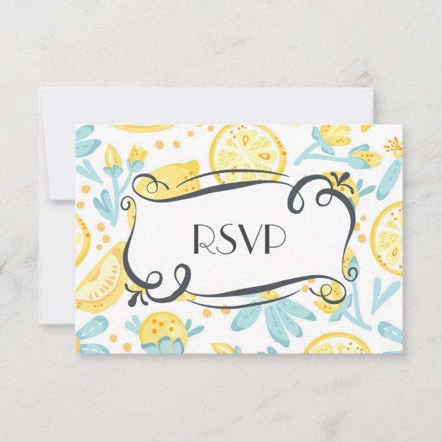 Yellow Lemons & Blue Flowers Quaint Wedding RSVP Card (Front)