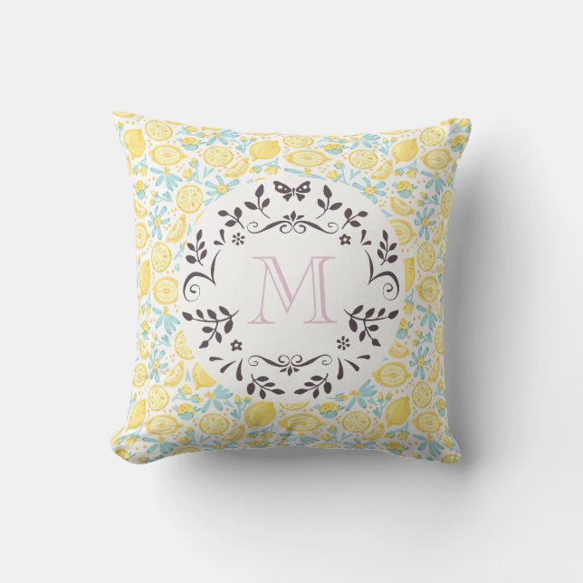 Yellow Lemons & Blue Flowers With Monogram Letter Cushion (Front)
