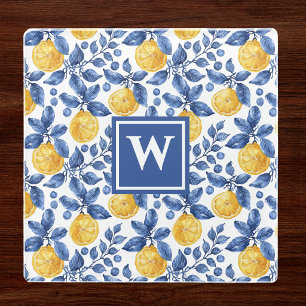 Yellow Lemons Blue Foliage Mediterranean Amalfi Glass Coaster