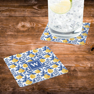 Yellow Lemons Blue Foliage Mediterranean Amalfi Square Paper Coaster