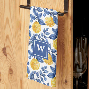 Yellow Lemons Blue Foliage Mediterranean Amalfi Tea Towel