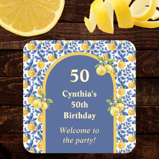 Yellow Lemons Blue Mediterranean Amalfi Birthday Square Paper Coaster