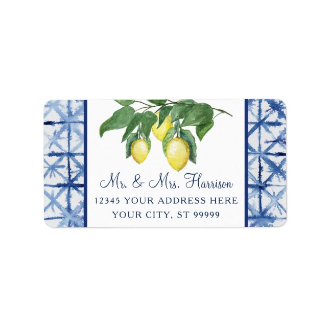 Yellow Lemons Citrus Foliage Blue White Wedding Label (Front)