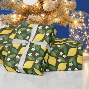 Yellow Lemons, Green Leaves and White Flowers Wrapping Paper