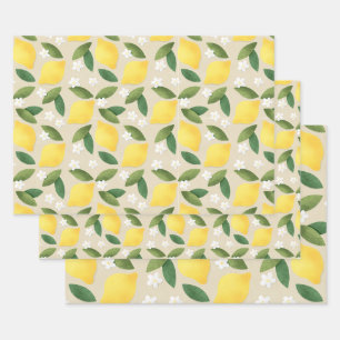 Yellow Lemons, Green Leaves and White Flowers Wrapping Paper Sheet