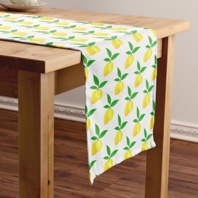 Yellow Lemons Green Leaves White Background Medium Table Runner (Fresh and bright springtime table runner)