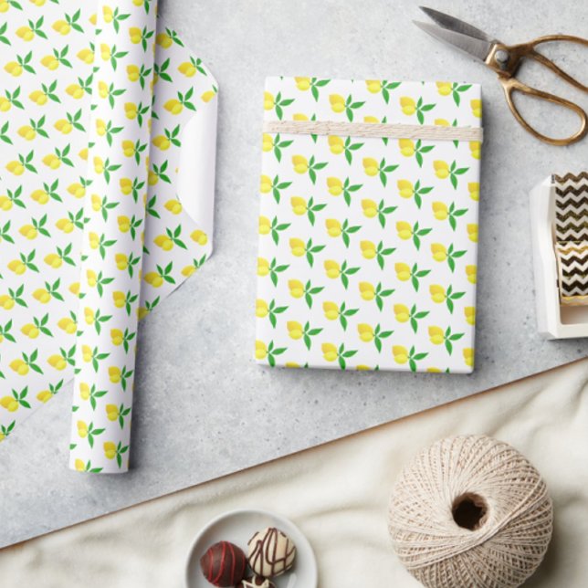 Yellow Lemons Green Leaves White Background Wrapping Paper (Springtime fresh!)